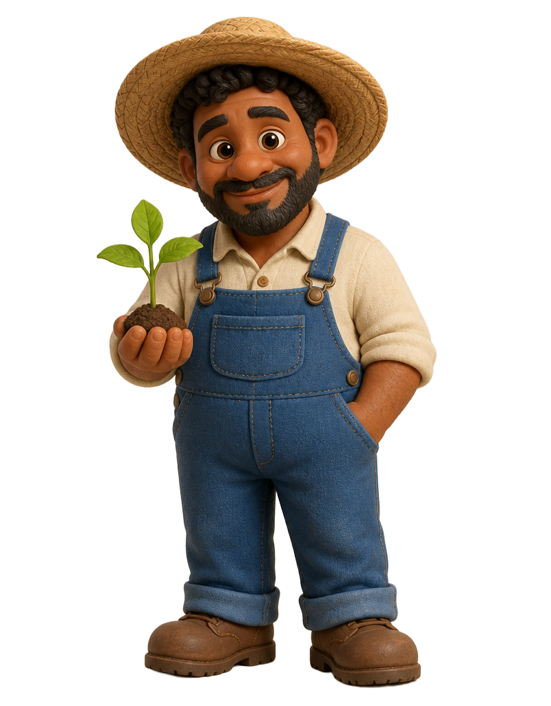 3D farmer character holding a seedling